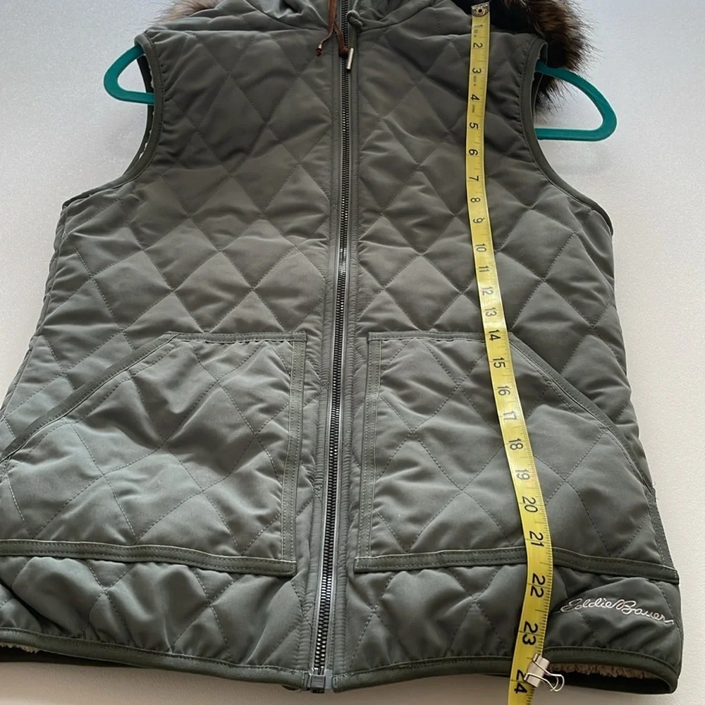EDDIE BAUER Women’s Small Hooded Fleece Lined Vest Olive Green Faux Fur Gorpcore